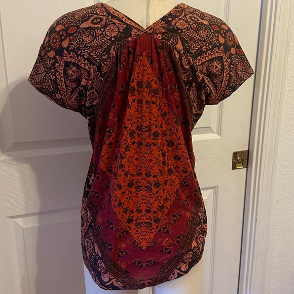 NWT Lucky Brand Short Sleeve Button Down Paisley Floral Red Rust and Tan Top - Picture 2 of 5